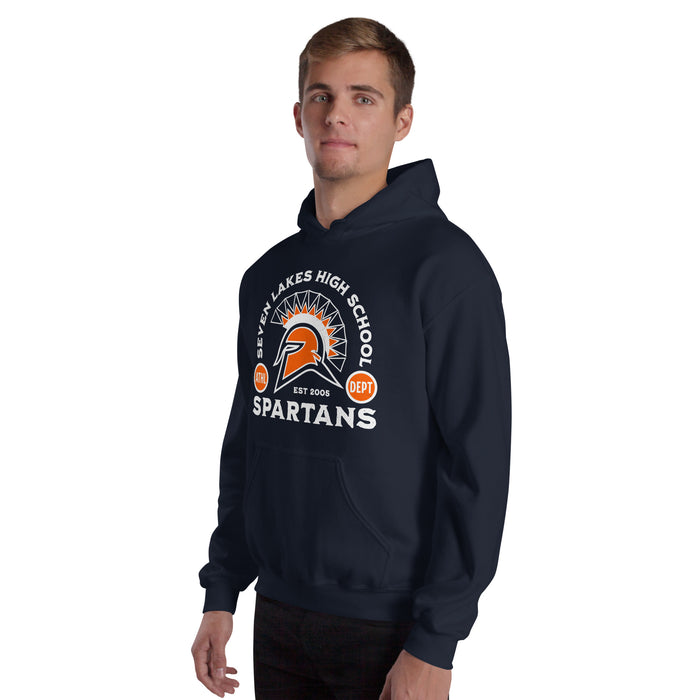 Man wearing Seven Lakes High School Spartans Navy Blue Classic Unisex Hoodie 208