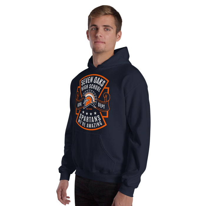 Man wearing Seven Lakes High School Spartans Navy Blue Classic Unisex Hoodie 207
