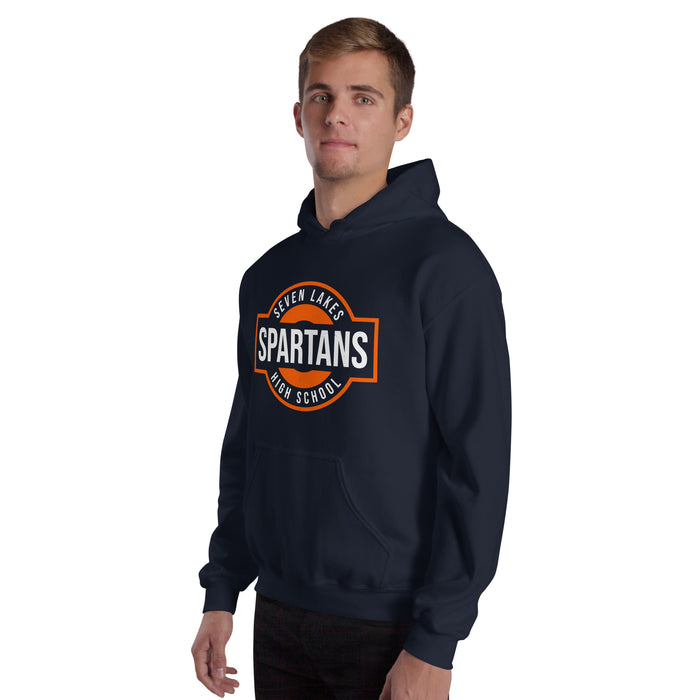 Man wearing Seven Lakes High School Spartans Navy Blue Classic Unisex Hoodie 011