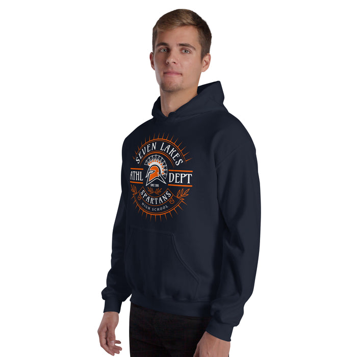 Man wearing Seven Lakes High School Spartans Navy Blue Classic Unisex Hoodie 201