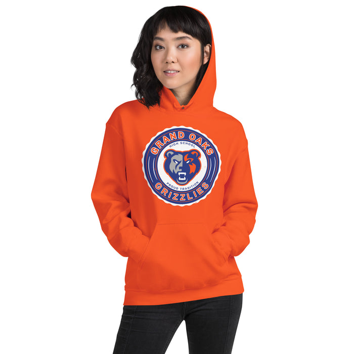 Woman wearing Grand Oaks High School Grizzlies Orange Classic Unisex Hoodie 216