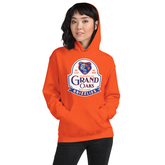 Woman wearing Grand Oaks High School Grizzlies Orange Classic Unisex Hoodie 219
