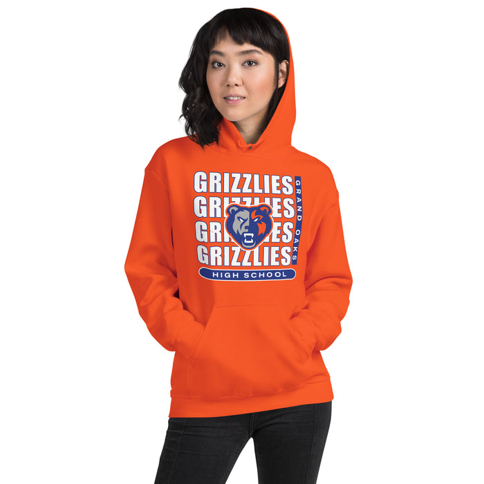 Woman wearing Grand Oaks High School Grizzlies Orange Classic Unisex Hoodie 235
