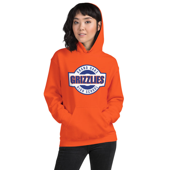 Woman wearing Grand Oaks High School Grizzlies Orange Classic Unisex Hoodie 011