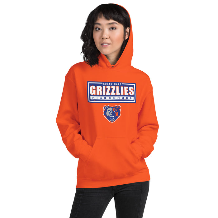 Woman wearing Grand Oaks High School Grizzlies Orange Classic Unisex Hoodie 049