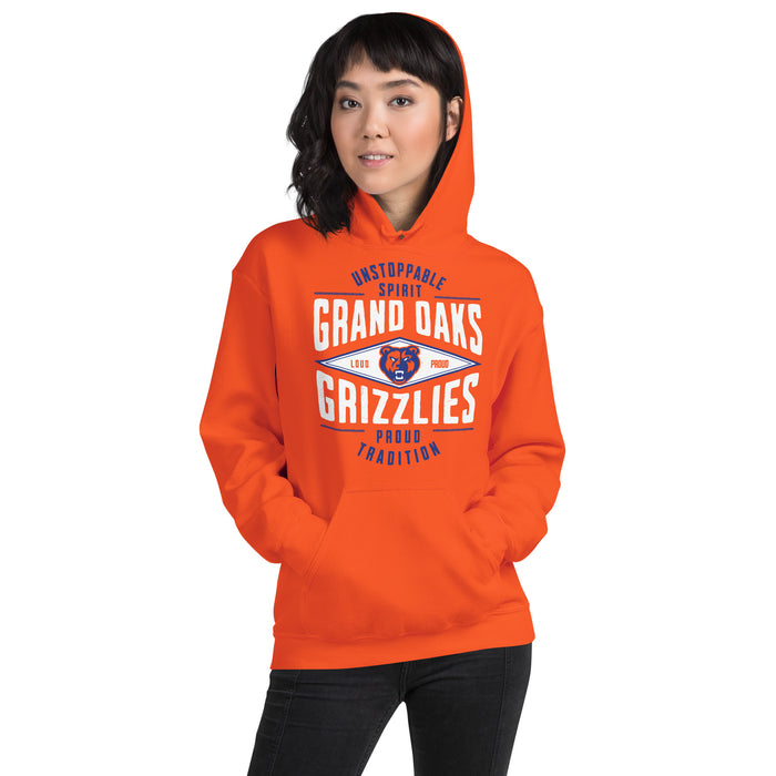 Woman wearing Grand Oaks High School Grizzlies Orange Classic Unisex Hoodie 210