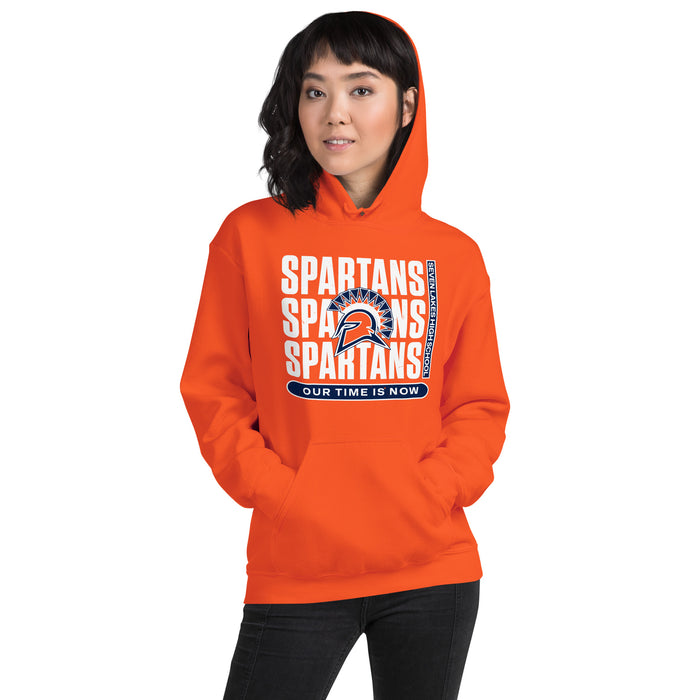 Woman wearing Seven Lakes High School Spartans Orange Classic Unisex Hoodie 235