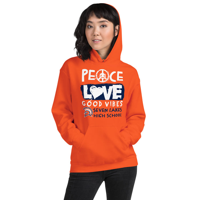 Woman wearing Seven Lakes High School Spartans Orange Classic Unisex Hoodie 240