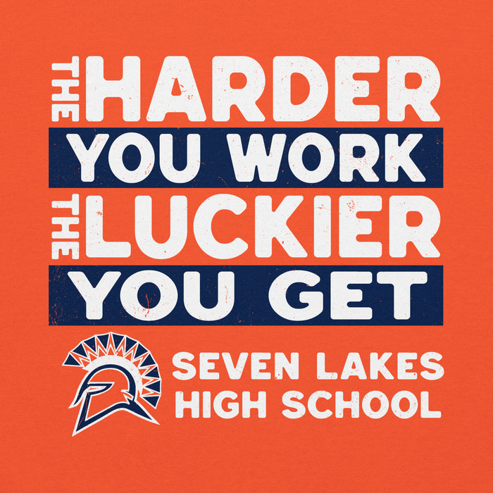 Close-up view of Seven Lakes High School Spartans Orange Classic Unisex Hoodie 238