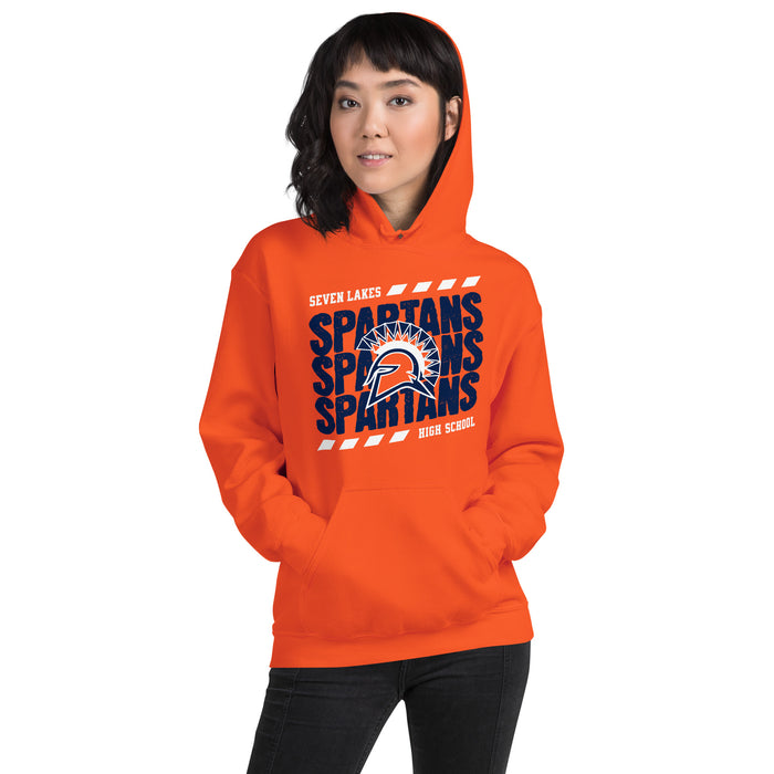 Woman wearing Seven Lakes High School Spartans Orange Classic Unisex Hoodie 223
