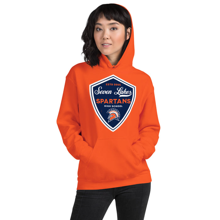 Woman wearing Seven Lakes High School Spartans Orange Classic Unisex Hoodie 225