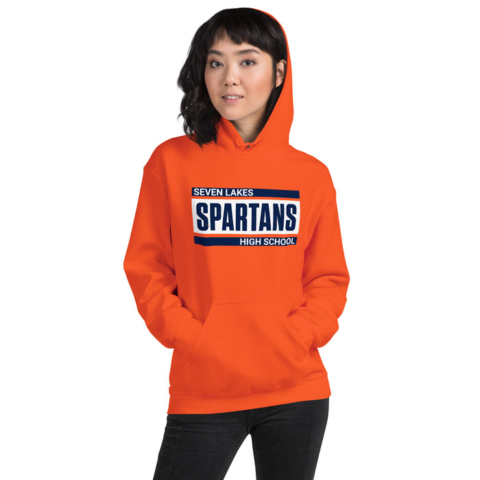 Woman wearing Seven Lakes High School Spartans Orange Classic Unisex Hoodie 098