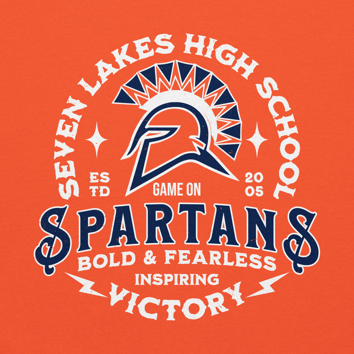 A graphic print featuring a Spartan helmet and the text 'SEVEN LAKES HIGH SCHOOL' and 'SPARTANS' in white and navy blue on a solid orange background. Seven Lakes High School Spartans Orange Classic Unisex Hoodie 206