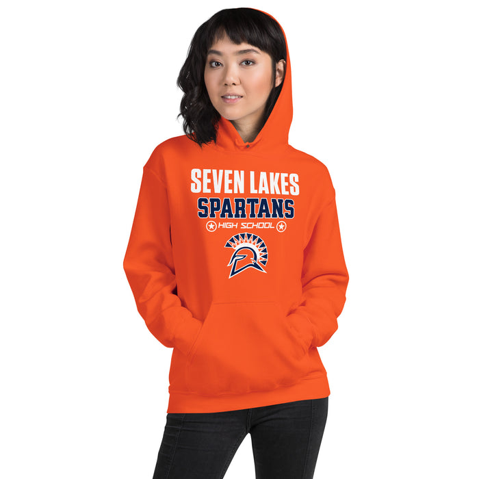 Woman wearing Seven Lakes High School Spartans Orange Classic Unisex Hoodie 003