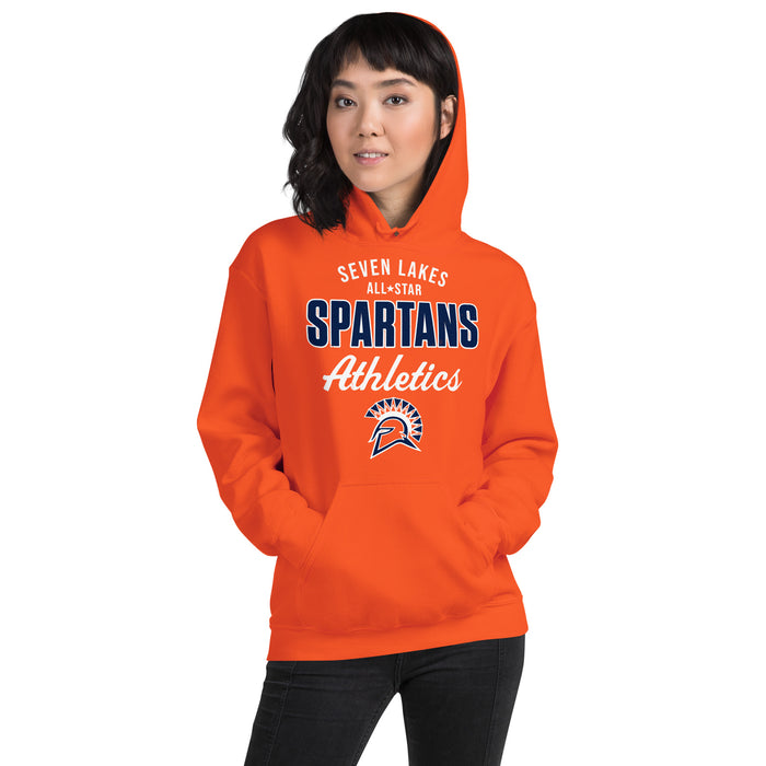 Woman wearing Seven Lakes High School Spartans Orange Classic Unisex Hoodie 034