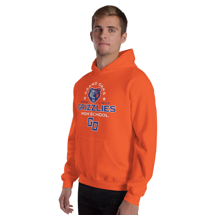 Man wearing Grand Oaks High School Grizzlies Orange Classic Unisex Hoodie 222
