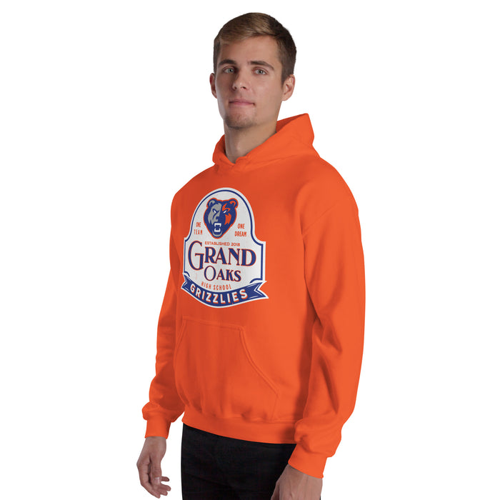 Man wearing Grand Oaks High School Grizzlies Orange Classic Unisex Hoodie 219