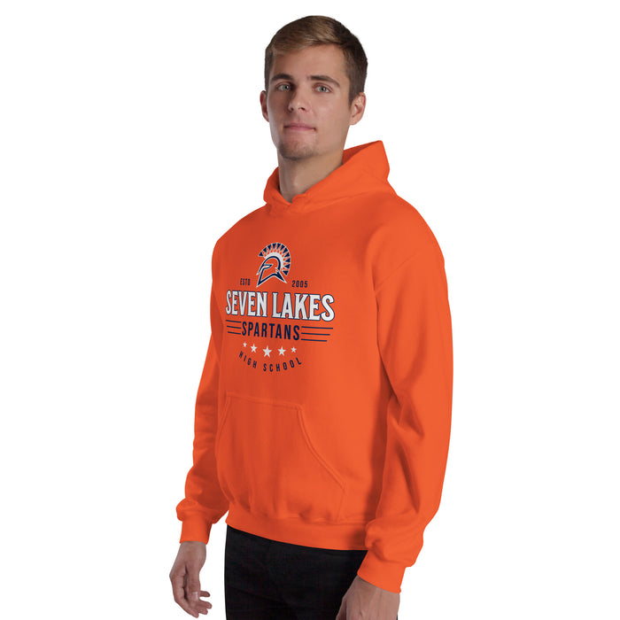Man wearing Seven Lakes High School Spartans Orange Classic Unisex Hoodie 217