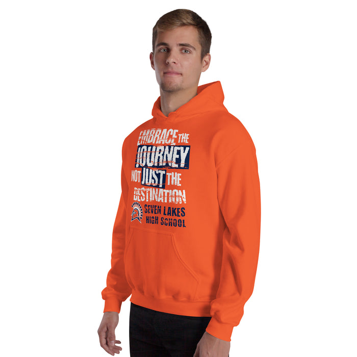 Man wearing Seven Lakes High School Spartans Orange Classic Unisex Hoodie 232