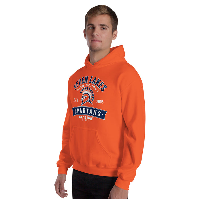 Man wearing Seven Lakes High School Spartans Orange Classic Unisex Hoodie 221