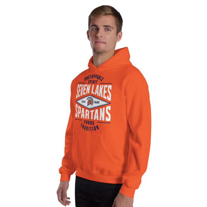 Man wearing Seven Lakes High School Spartans Orange Classic Unisex Hoodie 210