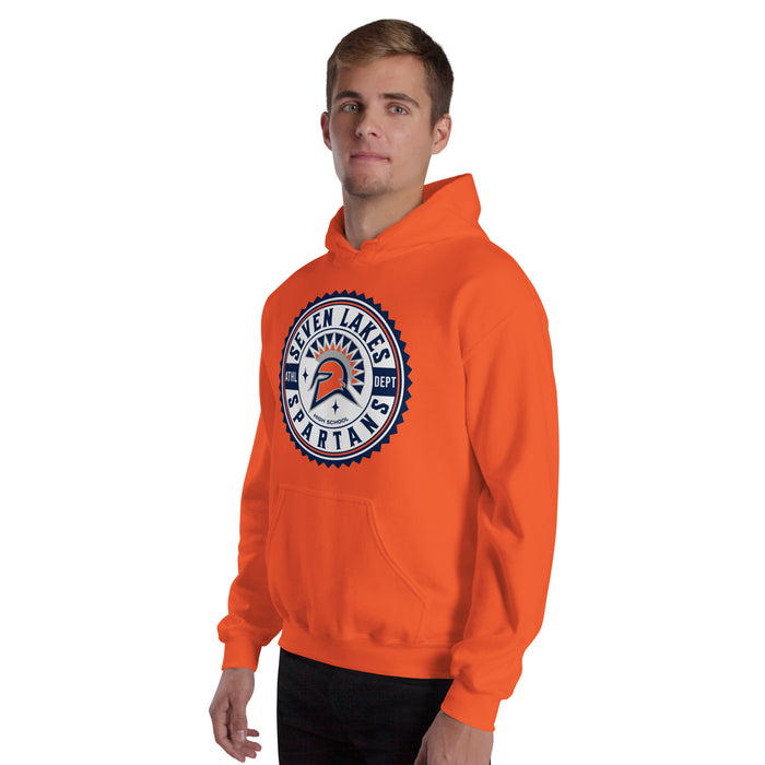 Man wearing Seven Lakes High School Spartans Orange Classic Unisex Hoodie 203