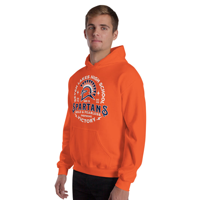 Man wearing Seven Lakes High School Spartans Orange Classic Unisex Hoodie 206