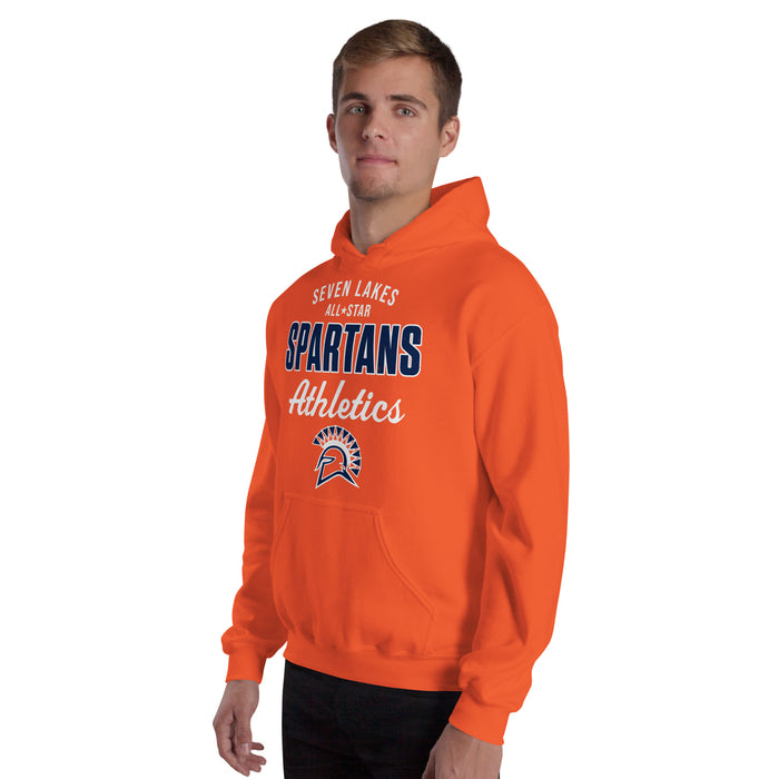 Man wearing Seven Lakes High School Spartans Orange Classic Unisex Hoodie 034