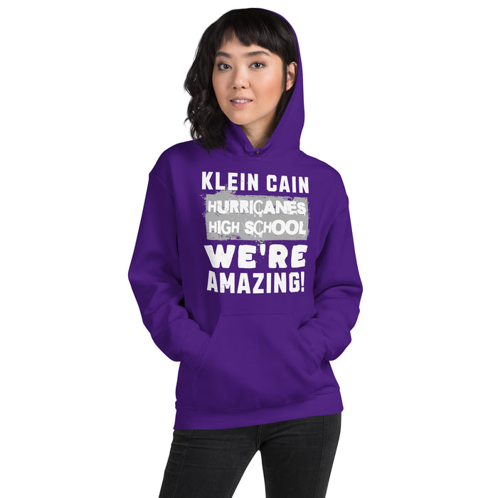 Woman wearing Klein Cain High School Hurricanes Purple Classic Unisex Hoodie 231