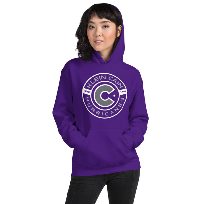 Woman wearing Klein Cain High School Hurricanes Purple Classic Unisex Hoodie 239