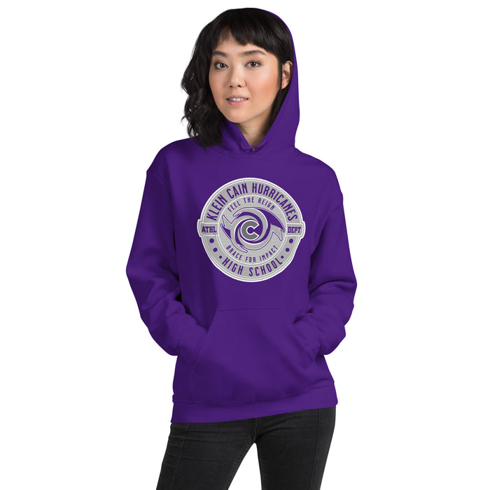 Woman wearing Klein Cain High School Hurricanes Purple Classic Unisex Hoodie 224