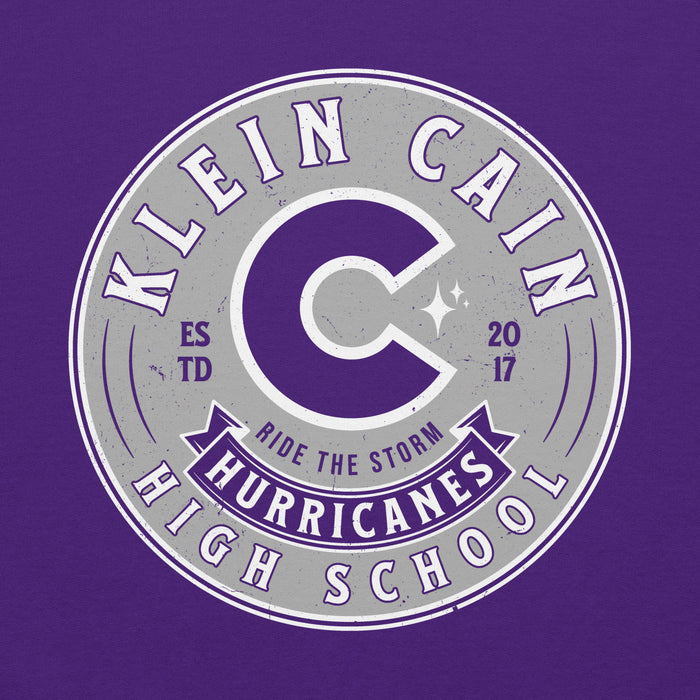 Close-up view of Klein Cain High School Hurricanes Purple Classic Unisex Hoodie 215