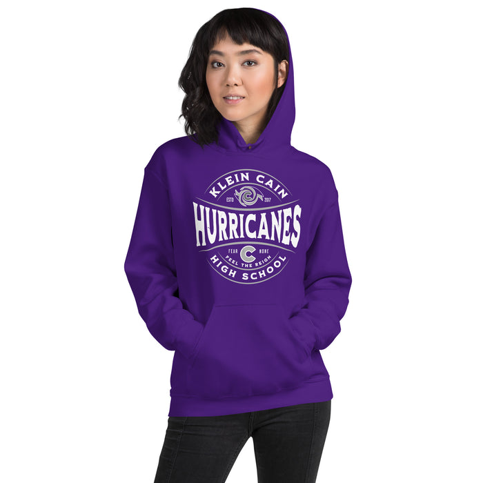 Woman wearing Klein Cain High School Hurricanes Purple Classic Unisex Hoodie 218