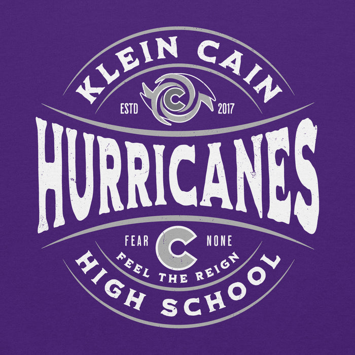 Close-up view of Klein Cain High School Hurricanes Purple Classic Unisex Hoodie 218