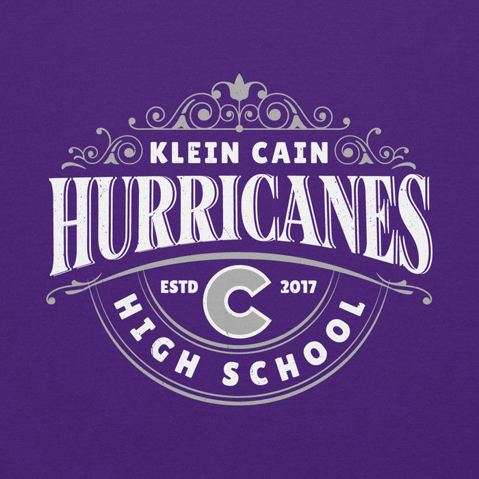 Close-up view of Klein Cain High School Hurricanes Purple Classic Unisex Hoodie 211