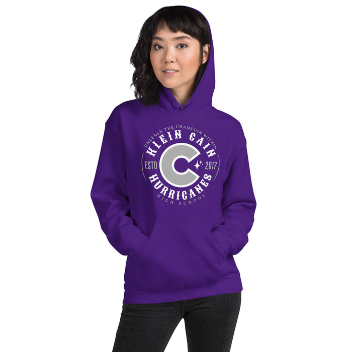 Woman wearing Klein Cain High School Hurricanes Purple Classic Unisex Hoodie 214