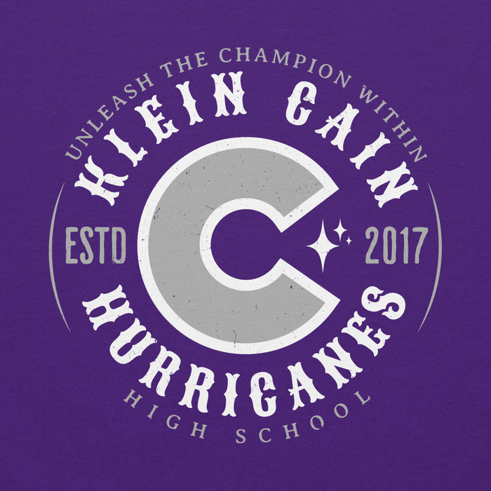 Close-up view of Klein Cain High School Hurricanes Purple Classic Unisex Hoodie 214