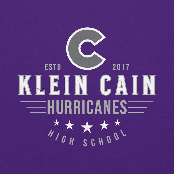 Close-up view of Klein Cain High School Hurricanes Purple Classic Unisex Hoodie 217