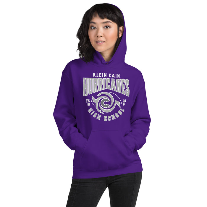Woman wearing Klein Cain High School Hurricanes Purple Classic Unisex Hoodie 213