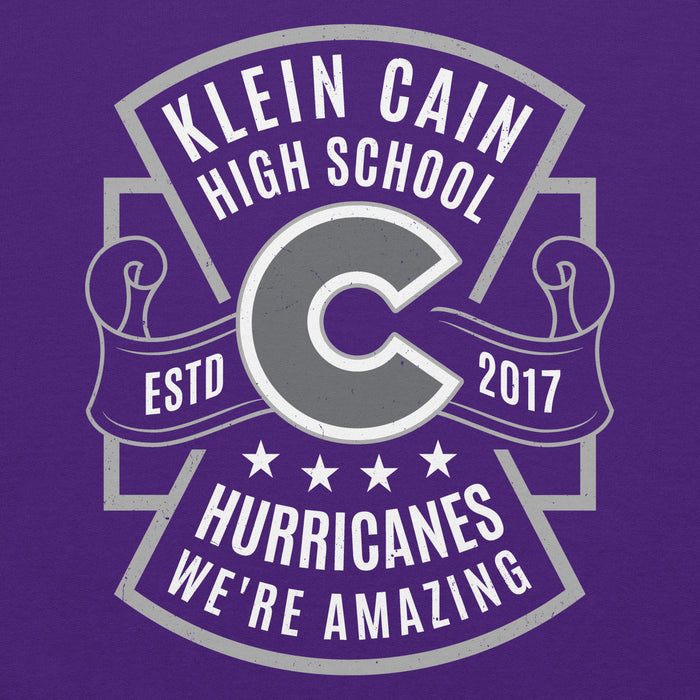 Close-up view of Klein Cain High School Hurricanes Purple Classic Unisex Hoodie 207