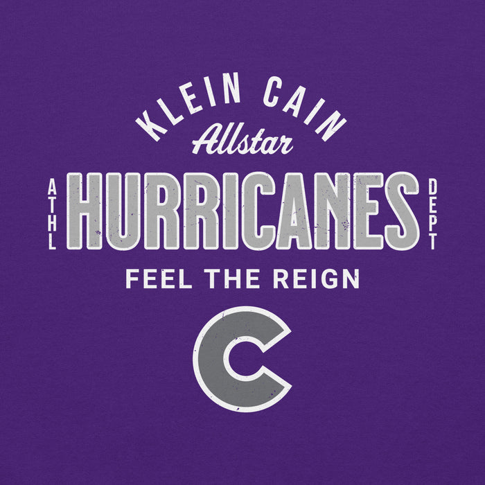 Close-up view of Klein Cain High School Hurricanes Purple Classic Unisex Hoodie 040