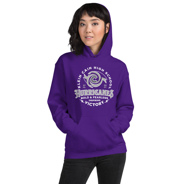 Woman wearing Klein Cain High School Hurricanes Purple Classic Unisex Hoodie 206