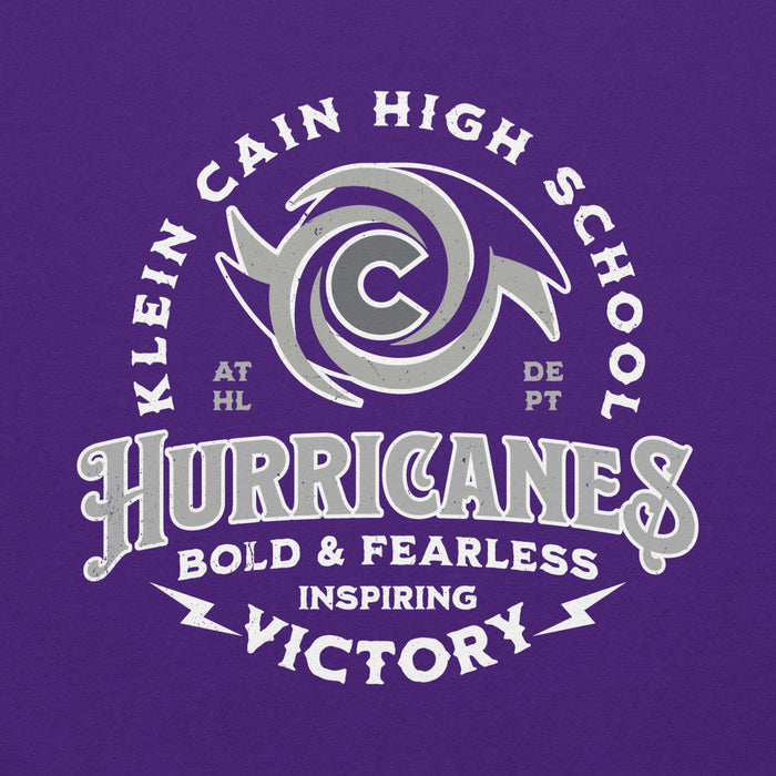 Close-up view of Klein Cain High School Hurricanes Purple Classic Unisex Hoodie 206