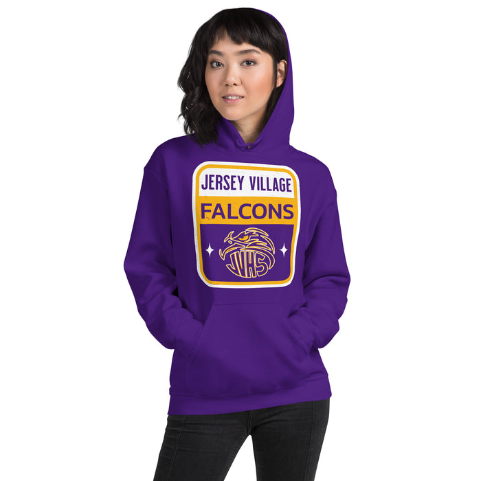 Woman wearing Jersey Village High School Falcons Purple Classic Unisex Hoodie 001