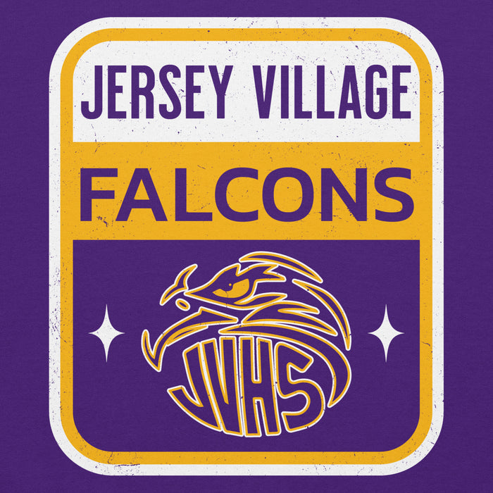 Close-up view of Jersey Village High School Falcons Purple Classic Unisex Hoodie 001