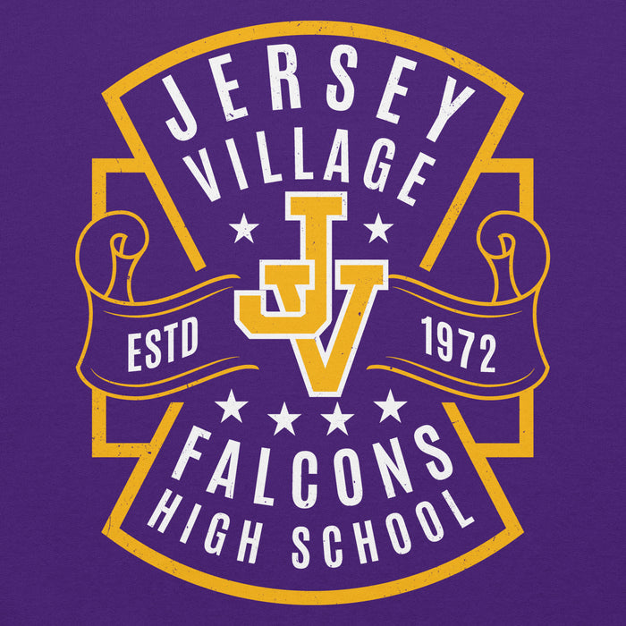 Close-up view of Jersey Village High School Falcons Purple Classic Unisex Hoodie 207