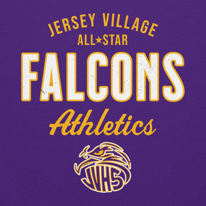 Close-up view of Jersey Village High School Falcons Purple Classic Unisex Hoodie 034