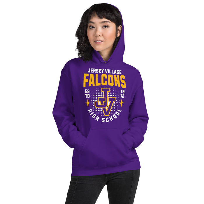 Woman wearing Jersey Village High School Falcons Purple Classic Unisex Hoodie 204