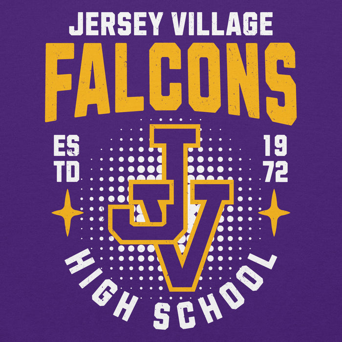 Close-up view of Jersey Village High School Falcons Purple Classic Unisex Hoodie 204