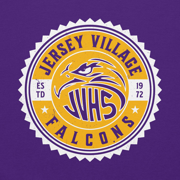 Close-up view of Jersey Village High School Falcons Purple Classic Unisex Hoodie 203